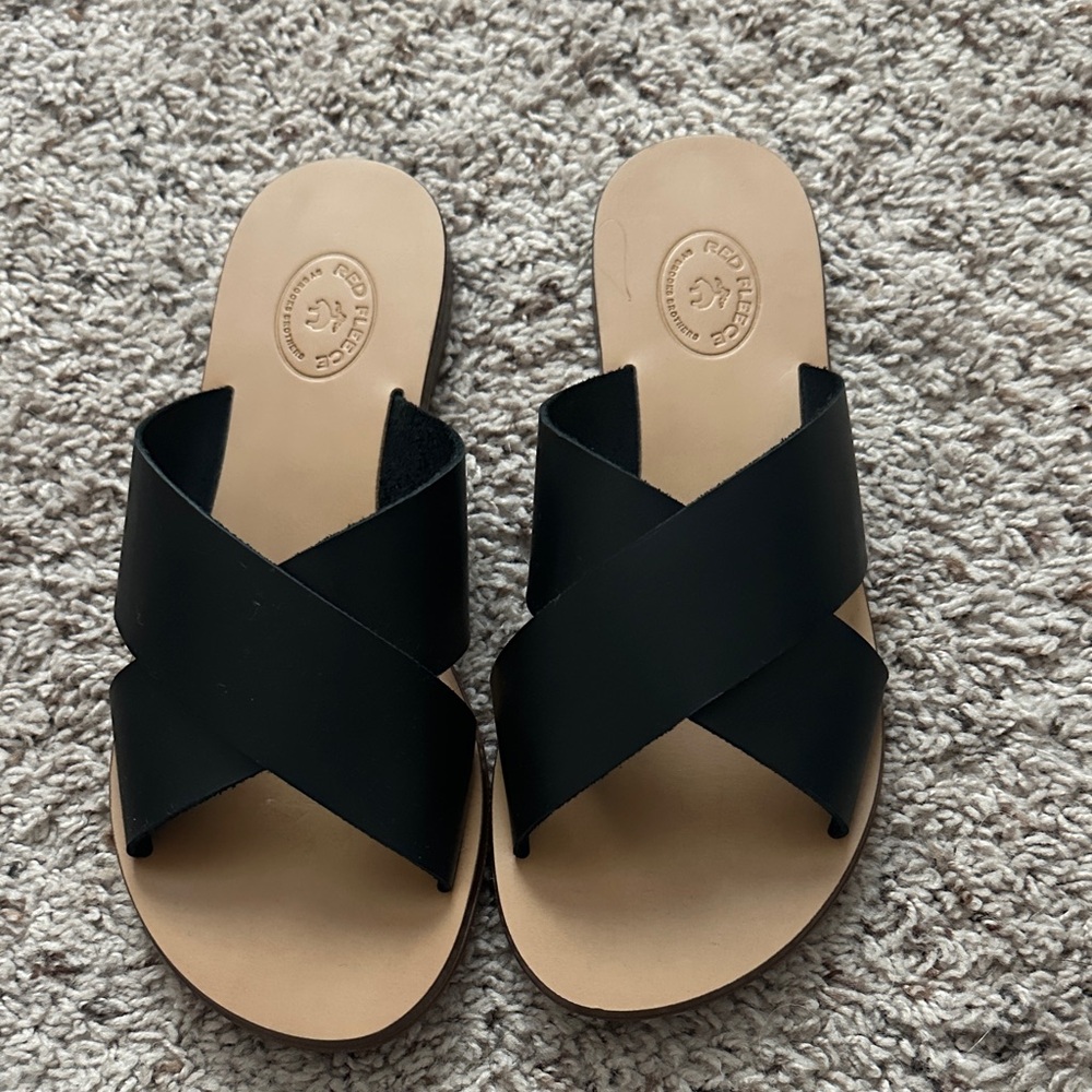 Brooks Brothers Black Crisscross Leather Slide Sandals